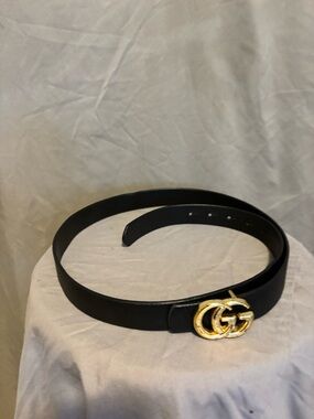 Inspired Black Leather Belt with Gold Interlocking Buckle